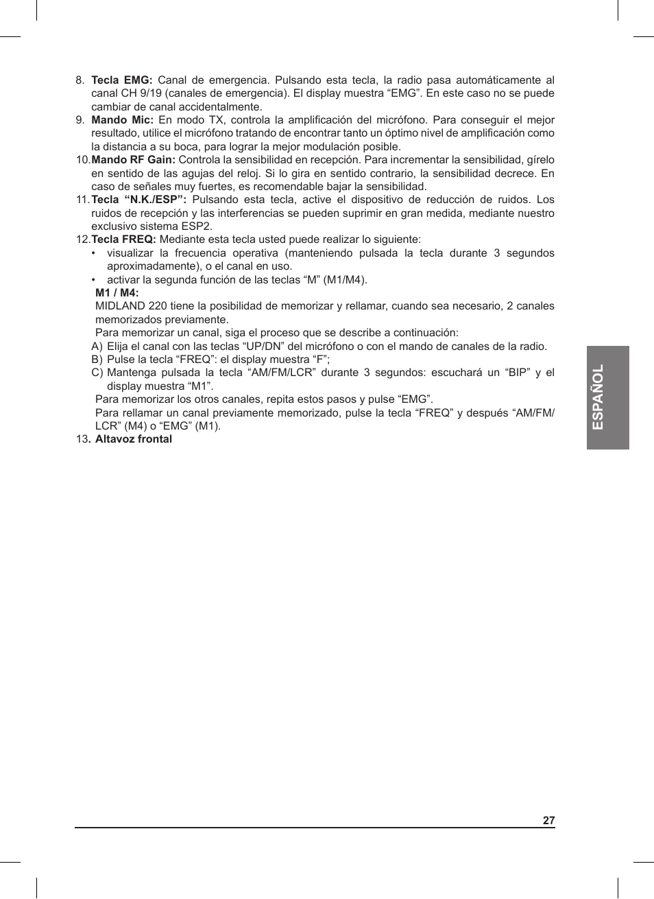 Esp añol | MIDLAND 220 User Manual | Page 27 / 68