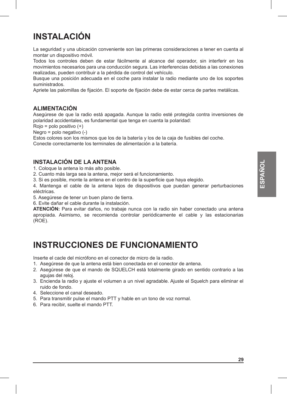 Instalación, Instrucciones de funcionamiento | MIDLAND 220 User Manual | Page 29 / 68