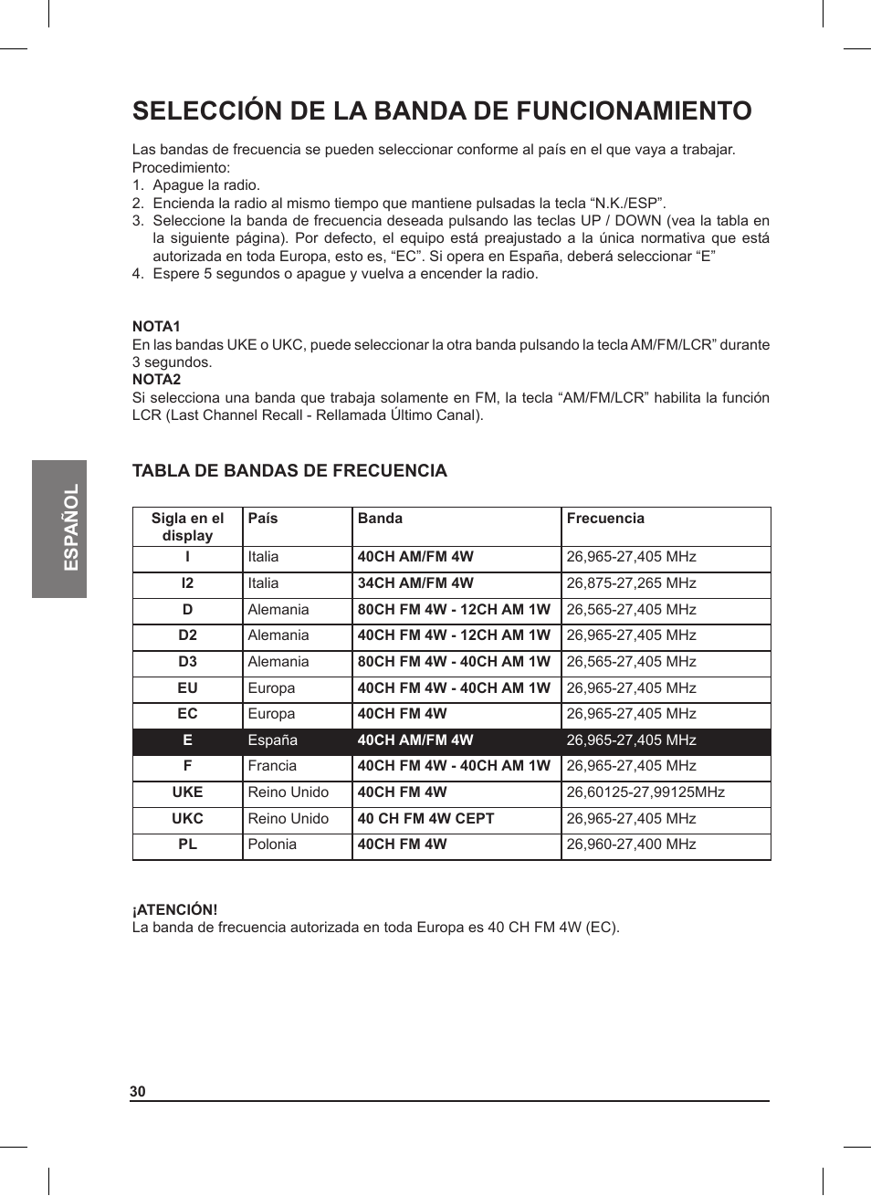 Selección de la banda de funcionamiento, Esp añol | MIDLAND 220 User Manual | Page 30 / 68