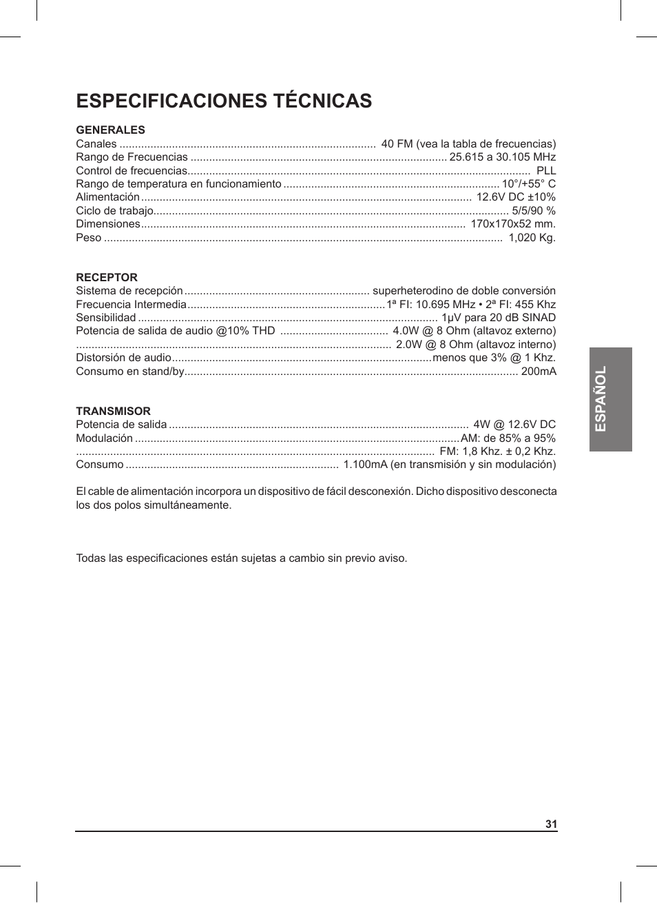 Especificaciones técnicas | MIDLAND 220 User Manual | Page 31 / 68
