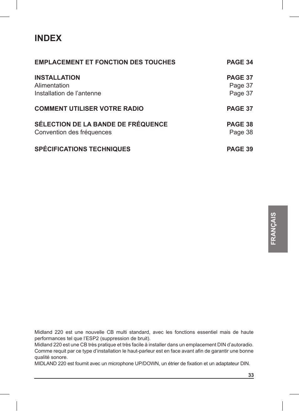 Index | MIDLAND 220 User Manual | Page 33 / 68