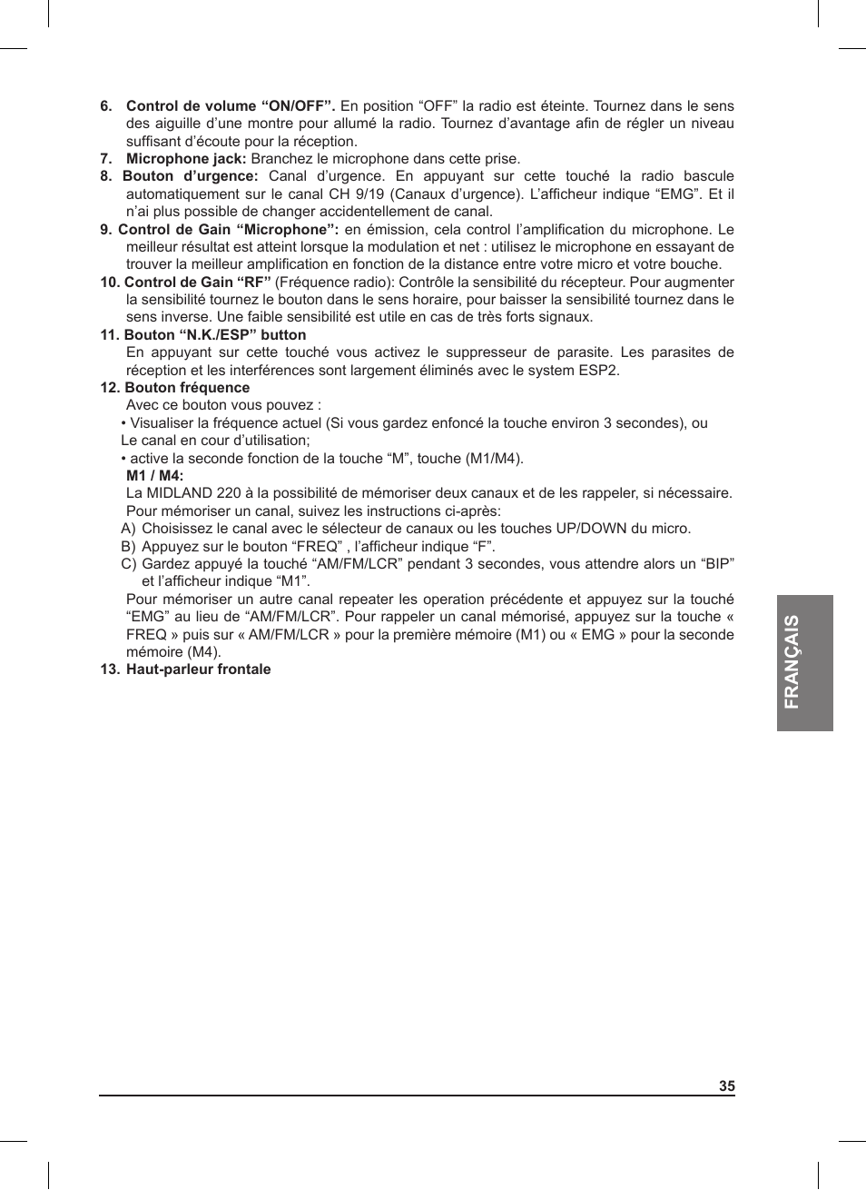 Français | MIDLAND 220 User Manual | Page 35 / 68