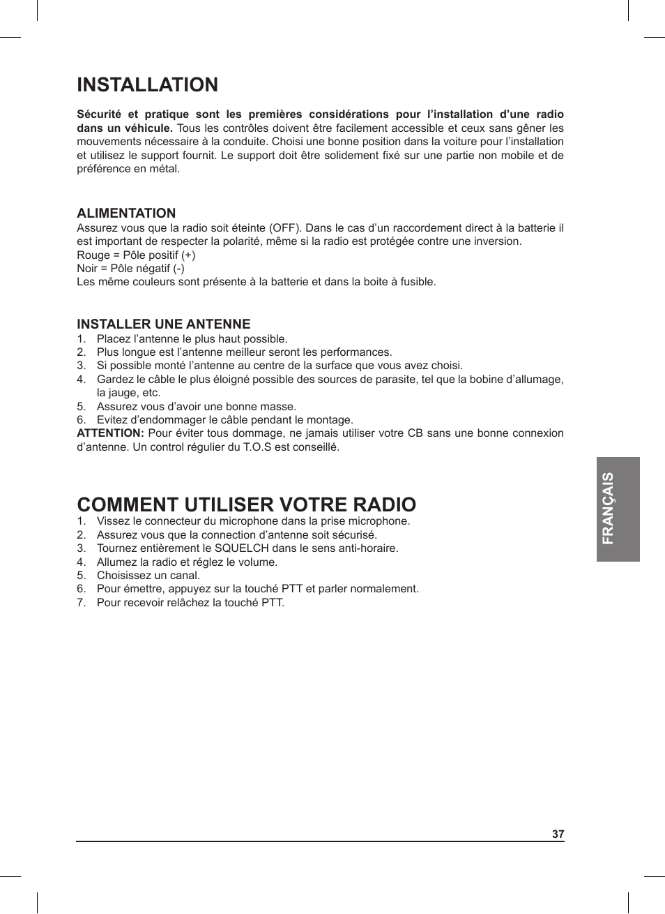 Installation, Comment utiliser votre radio | MIDLAND 220 User Manual | Page 37 / 68