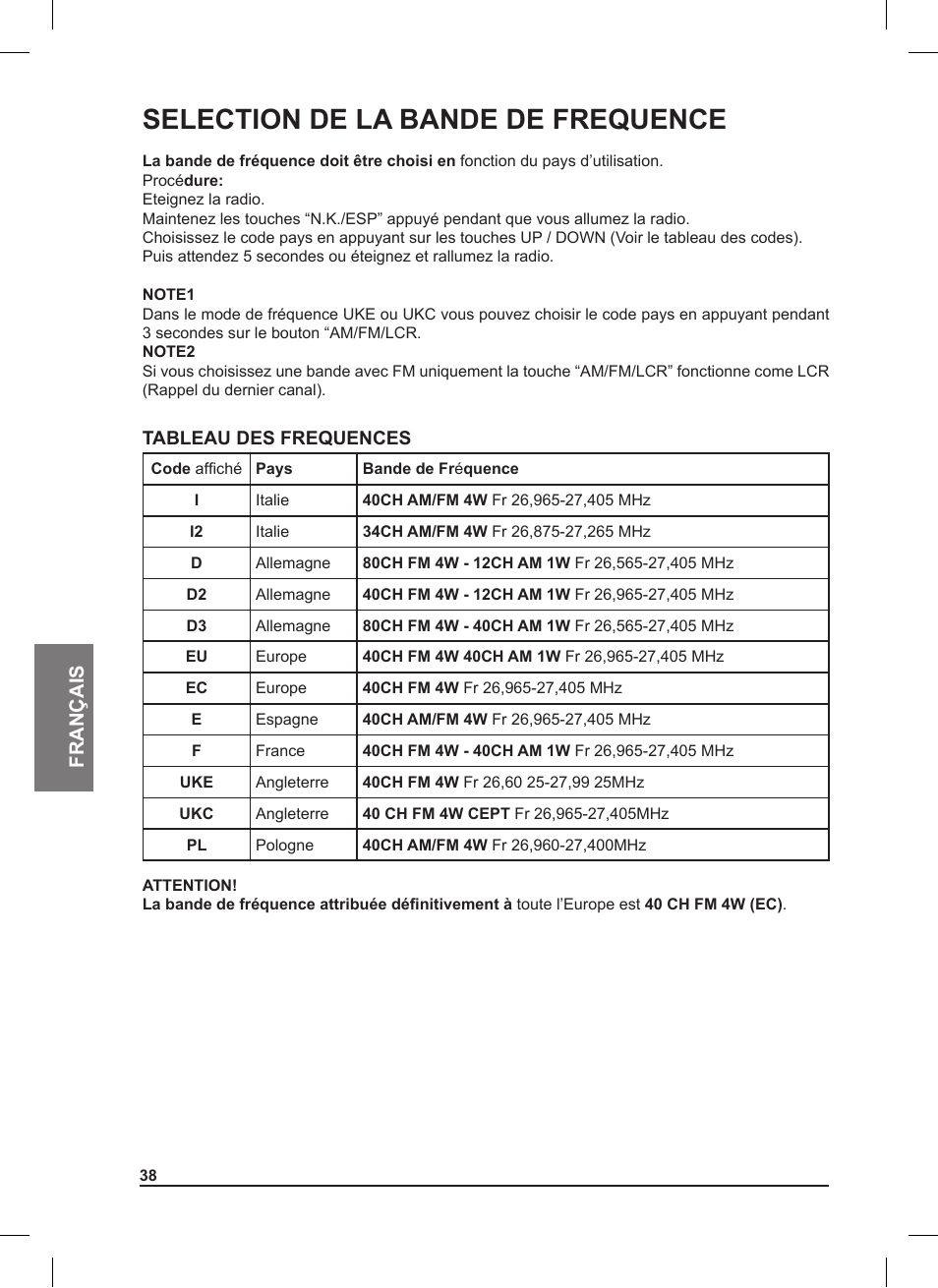 Selection de la bande de frequence, Français | MIDLAND 220 User Manual | Page 38 / 68