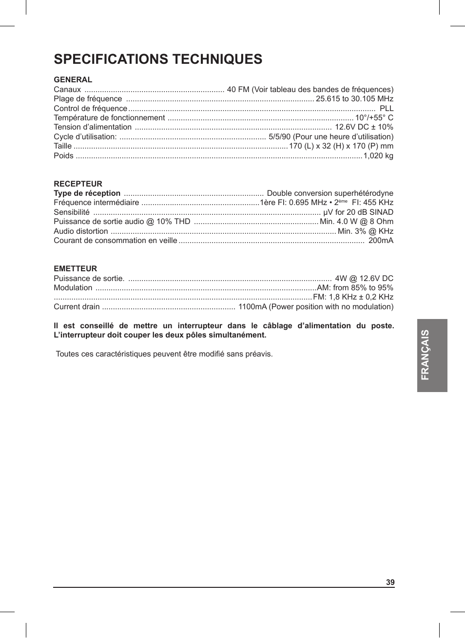 Specifications techniques, Français | MIDLAND 220 User Manual | Page 39 / 68