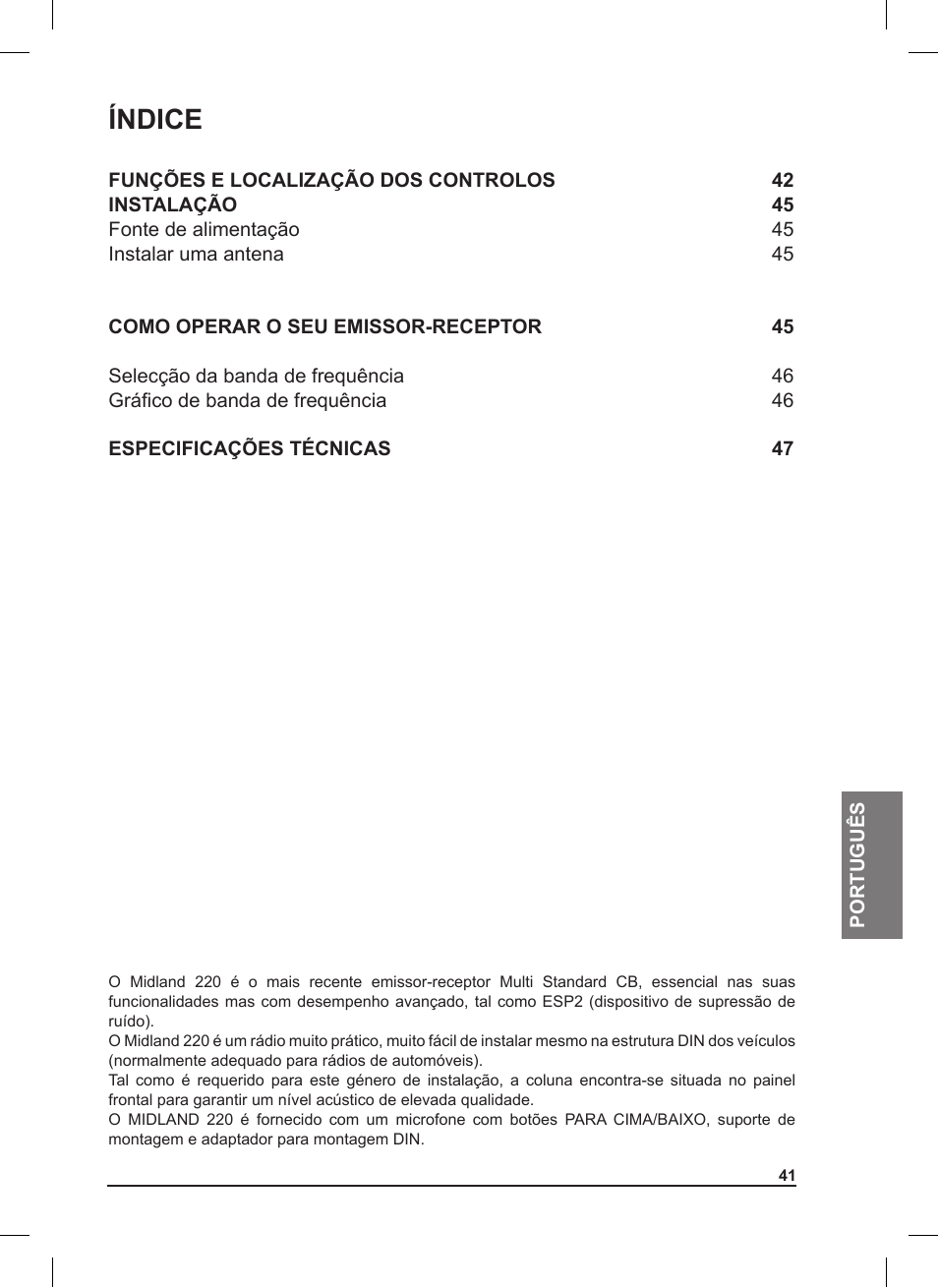 Índice | MIDLAND 220 User Manual | Page 41 / 68