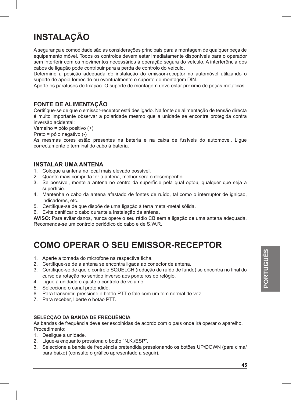 Instalação, Como operar o seu emissor-receptor | MIDLAND 220 User Manual | Page 45 / 68