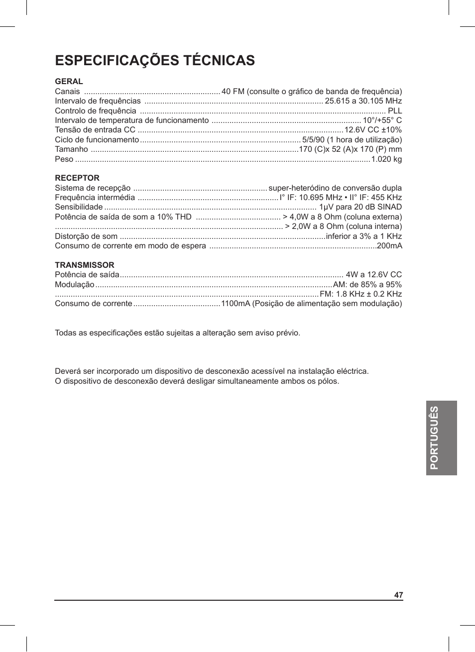 Especificações técnicas | MIDLAND 220 User Manual | Page 47 / 68