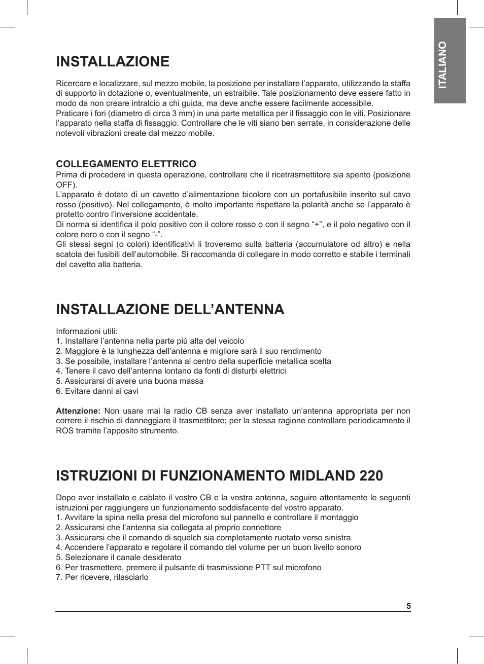 Installazione, Installazione dell’antenna, Istruzioni di funzionamento midland 220 | MIDLAND 220 User Manual | Page 5 / 68