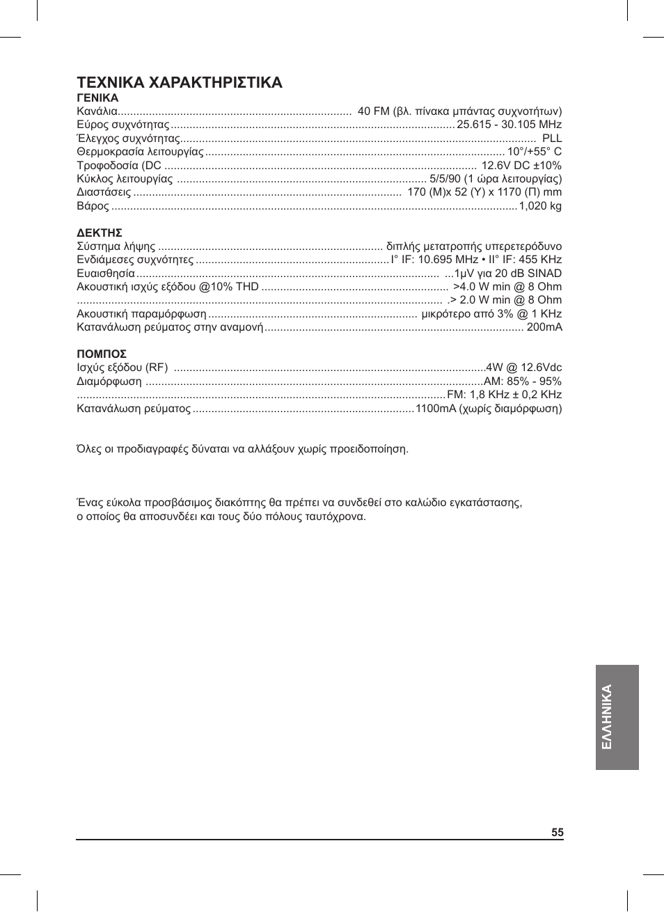 Τεχνικα χαρακτηριστικα | MIDLAND 220 User Manual | Page 55 / 68