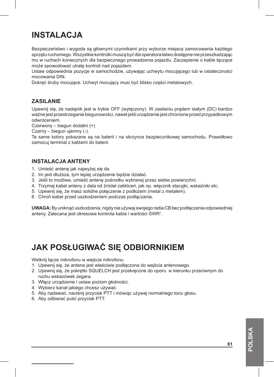 Instalacja, Jak posługiwać się odbiornikiem, Polska | MIDLAND 220 User Manual | Page 61 / 68