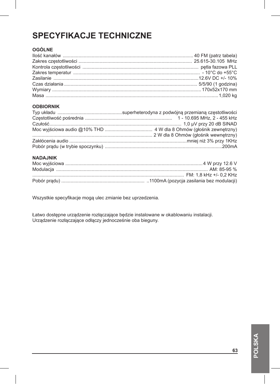 Specyfikacje techniczne | MIDLAND 220 User Manual | Page 63 / 68