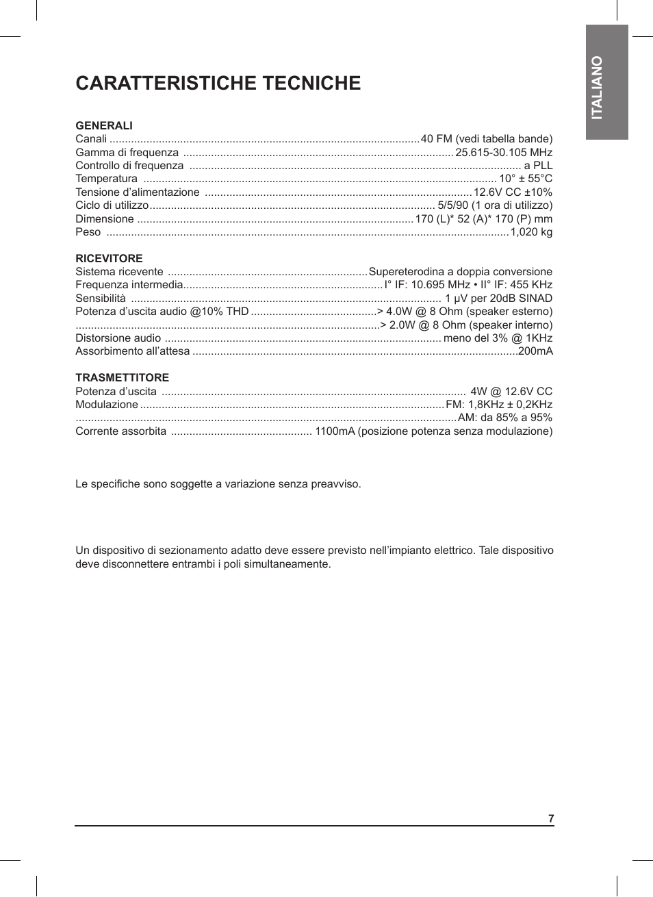 Caratteristiche tecniche | MIDLAND 220 User Manual | Page 7 / 68