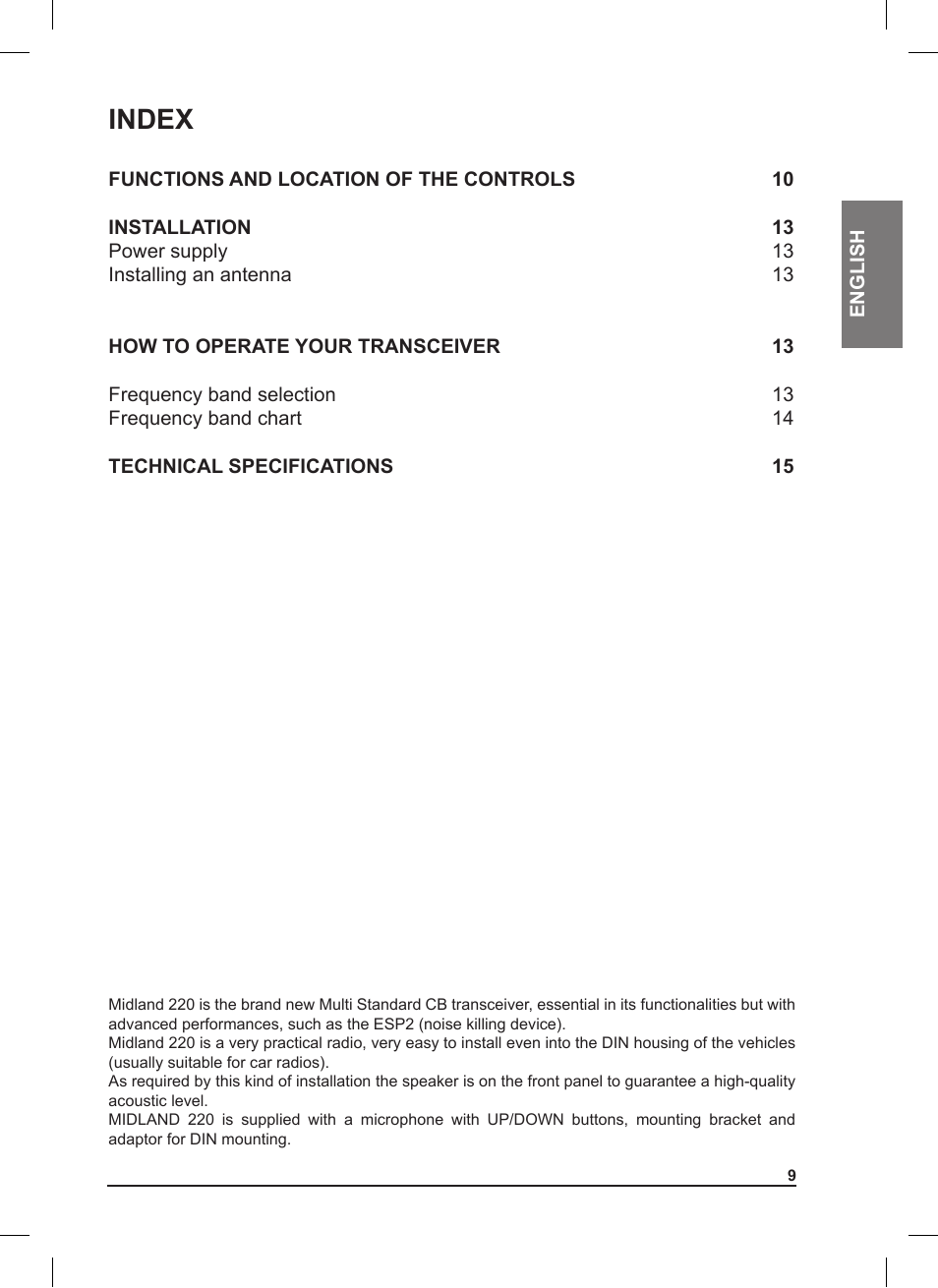 Index | MIDLAND 220 User Manual | Page 9 / 68