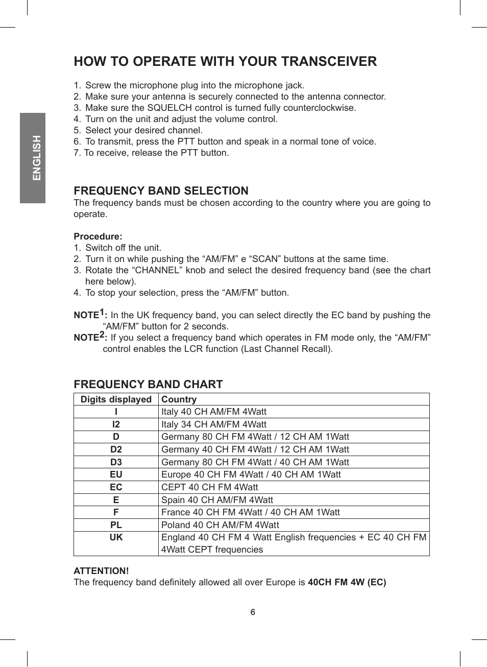How to operate with your transceiver, Frequency band selection, Frequency band chart | MIDLAND 248 User Manual | Page 14 / 68