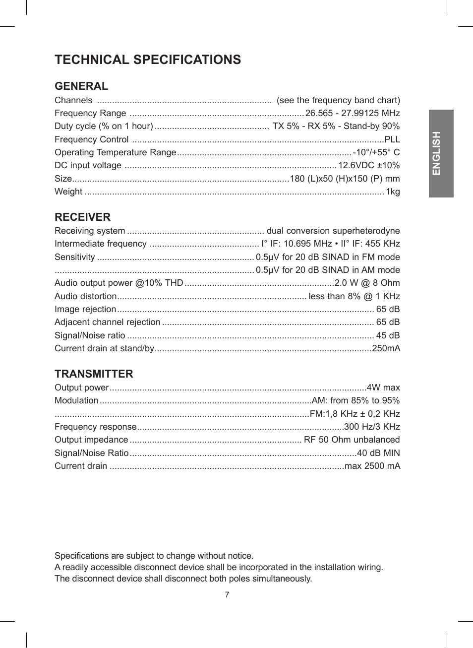 Technical specifications | MIDLAND 248 User Manual | Page 15 / 68