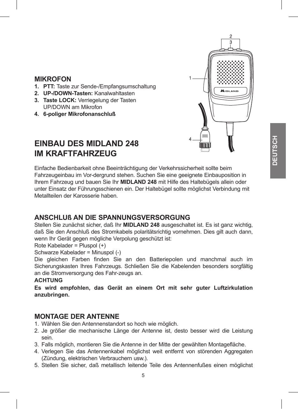 Einbau des midland 248 im kraftfahrzeug | MIDLAND 248 User Manual | Page 21 / 68