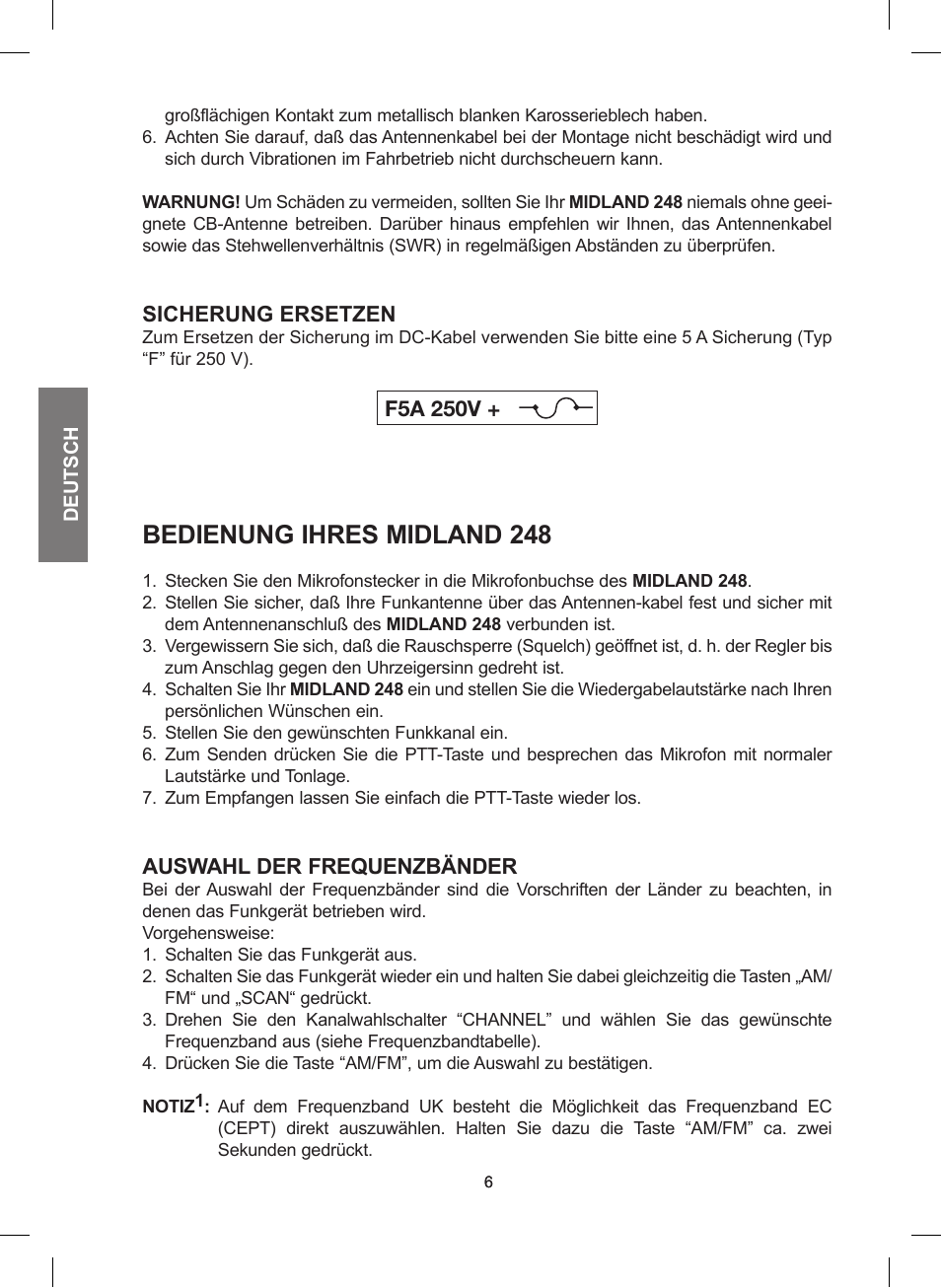 Bedienung ihres midland 248, Sicherung ersetzen, F5a 250v | Auswahl der frequenzbänder | MIDLAND 248 User Manual | Page 22 / 68