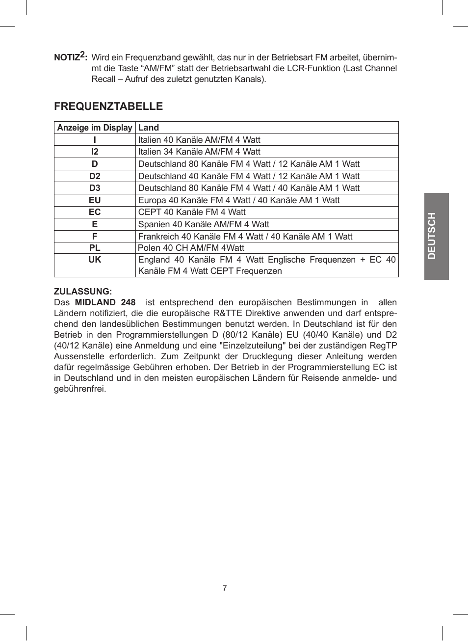 Frequenztabelle | MIDLAND 248 User Manual | Page 23 / 68