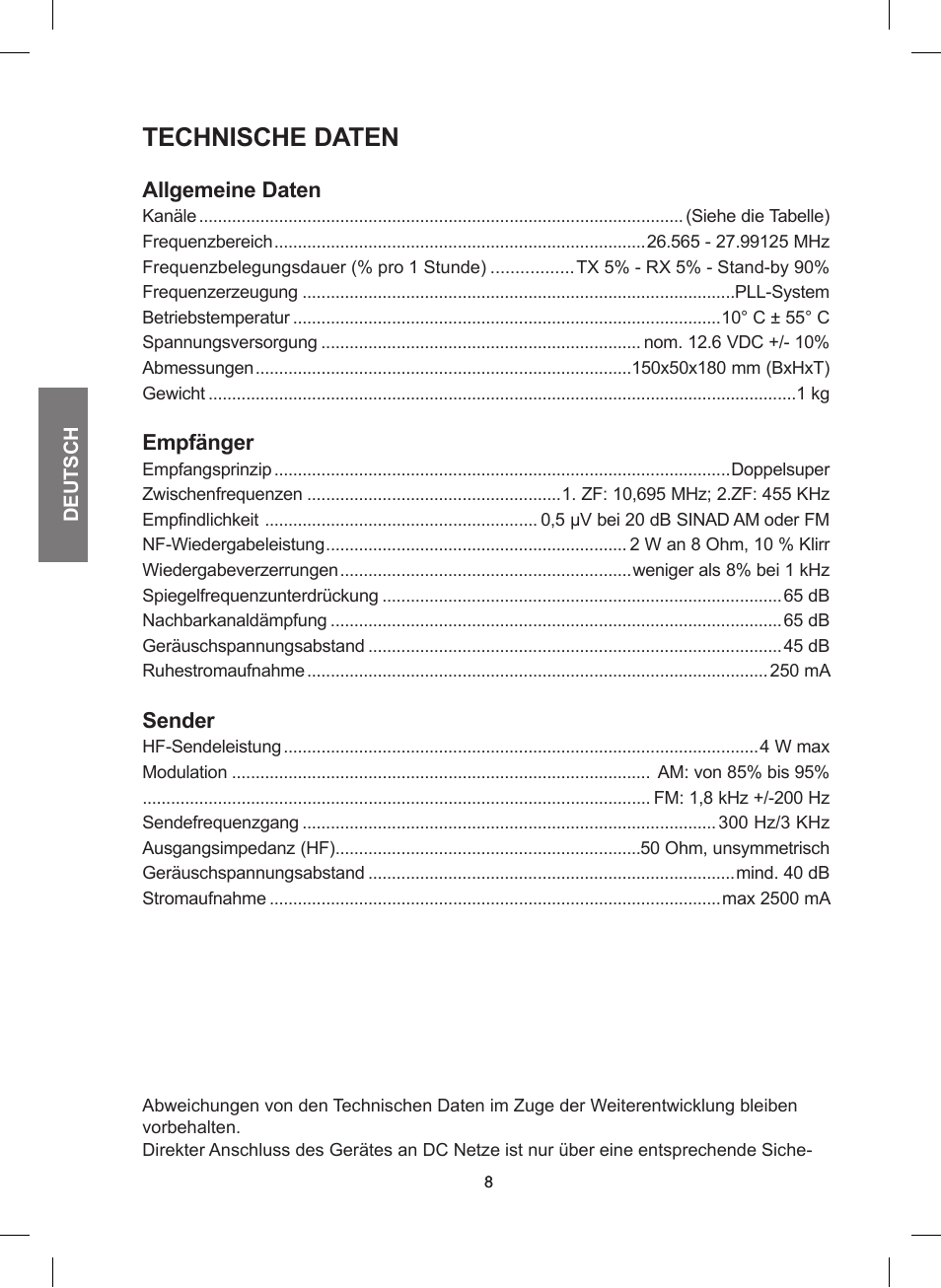 Technische daten | MIDLAND 248 User Manual | Page 24 / 68
