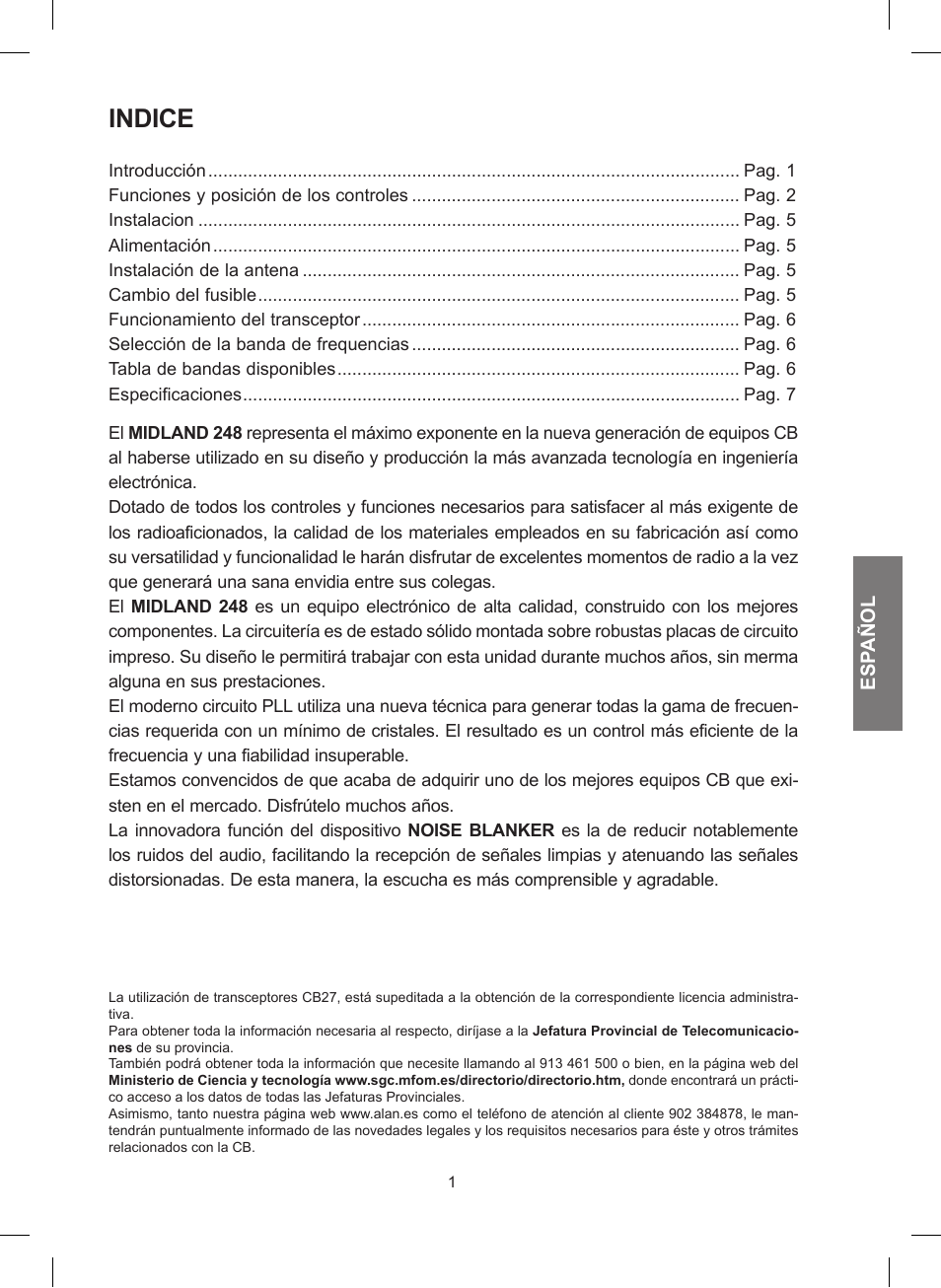 Indice, Esp añol | MIDLAND 248 User Manual | Page 25 / 68