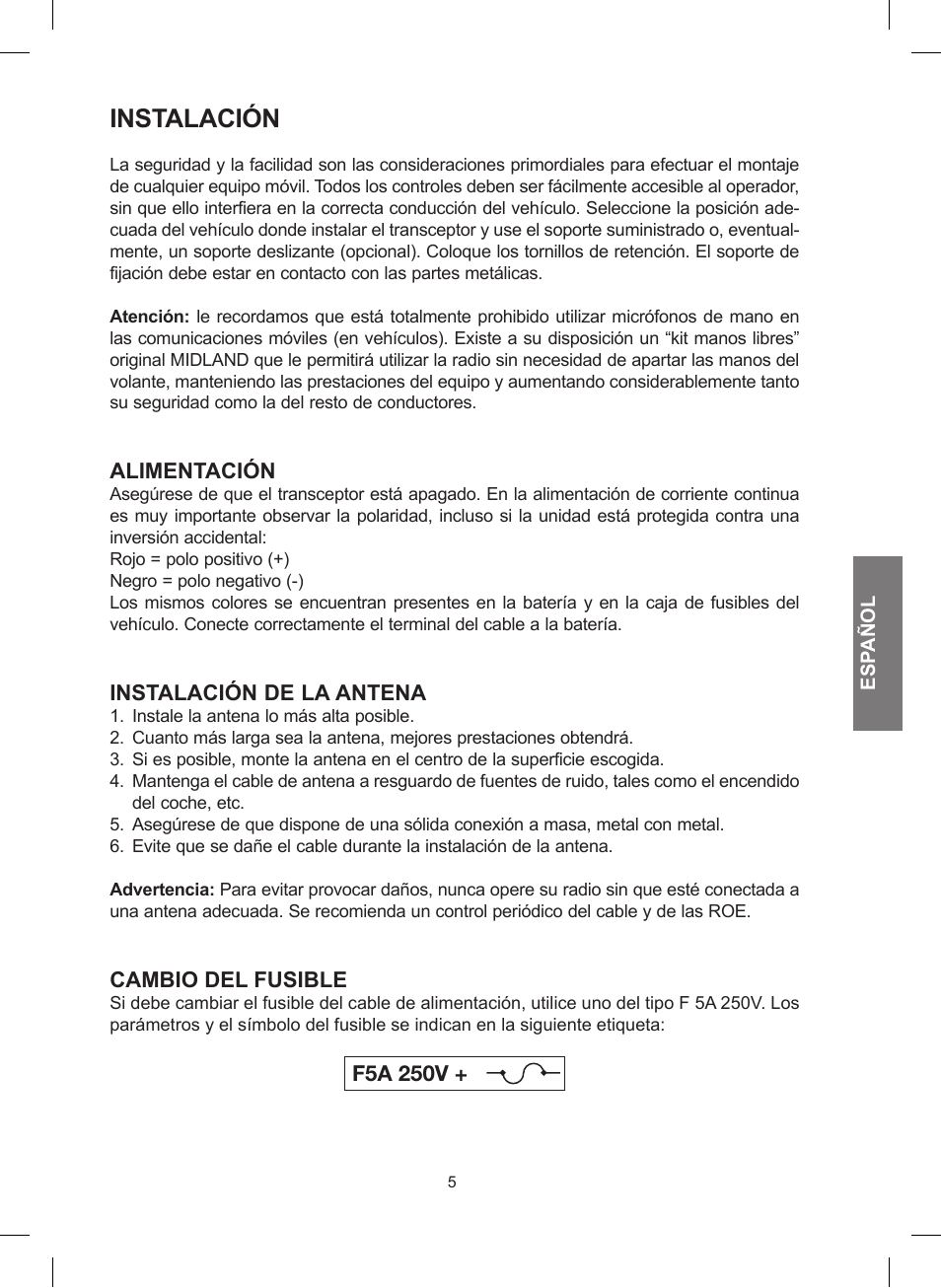 Instalación | MIDLAND 248 User Manual | Page 29 / 68