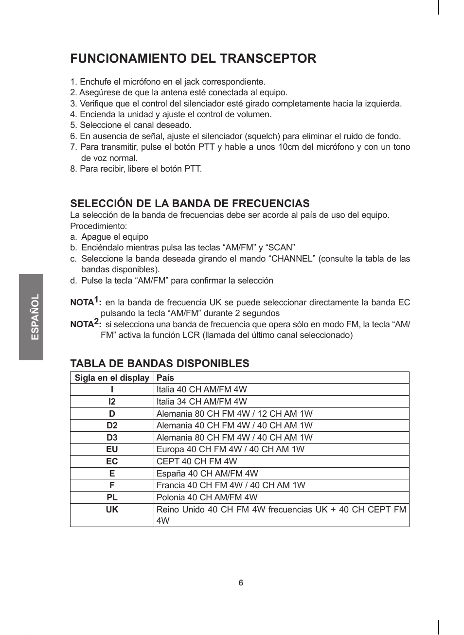 Funcionamiento del transceptor, Selección de la banda de frecuencias, Tabla de bandas disponibles | MIDLAND 248 User Manual | Page 30 / 68