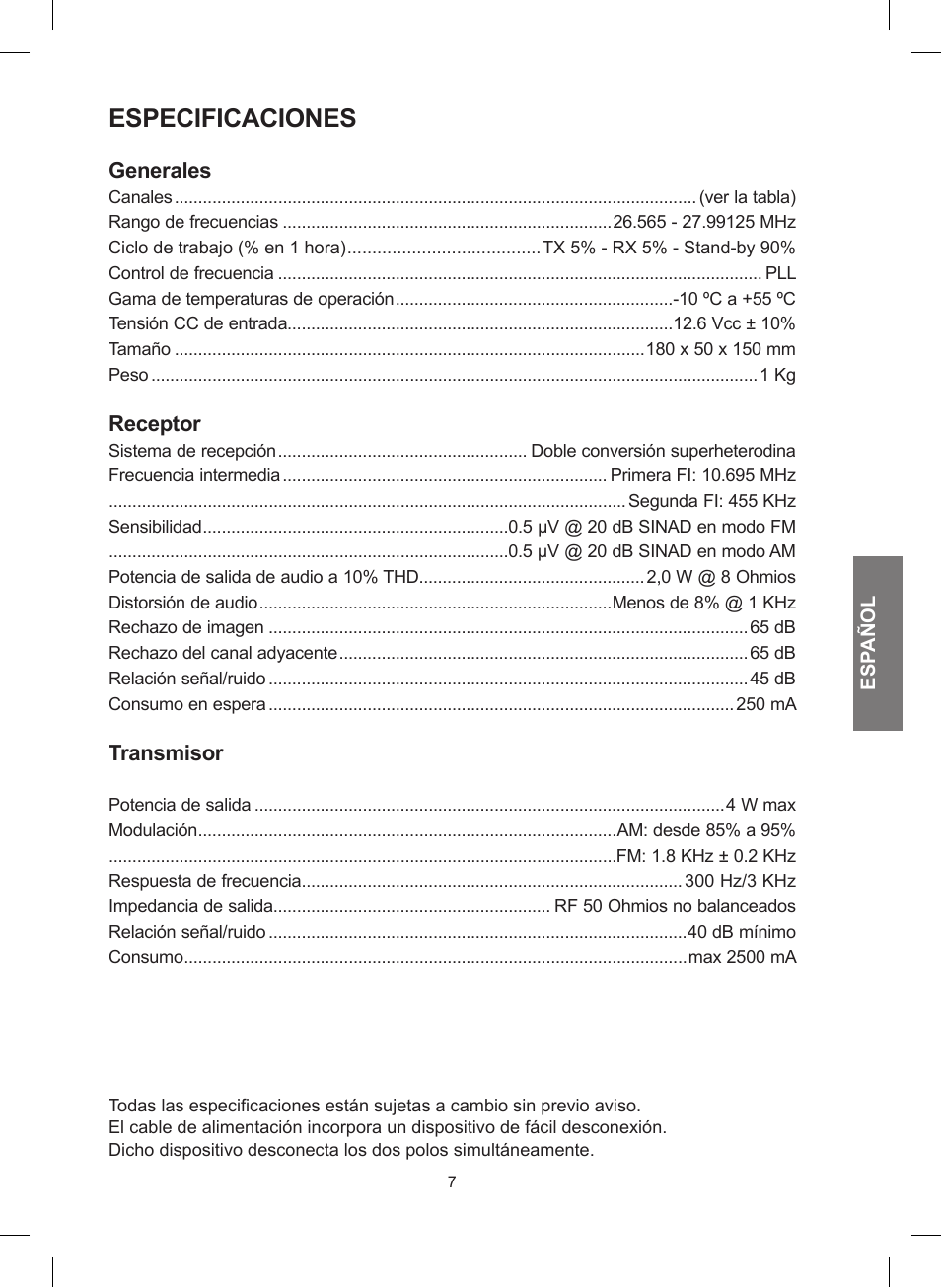 Especificaciones | MIDLAND 248 User Manual | Page 31 / 68