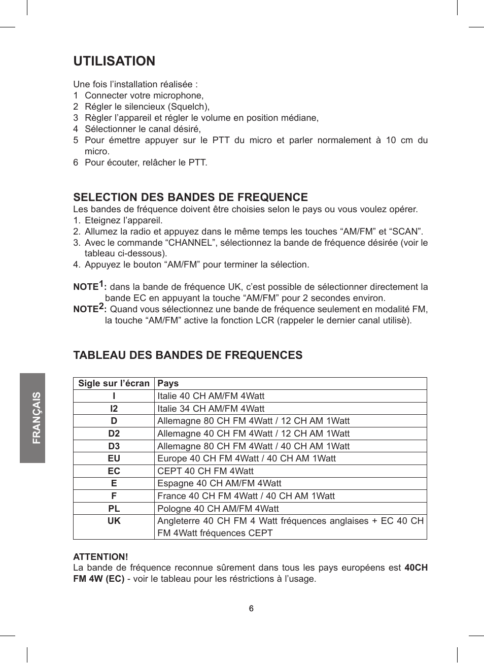 Utilisation, Selection des bandes de frequence, Tableau des bandes de frequences | MIDLAND 248 User Manual | Page 38 / 68