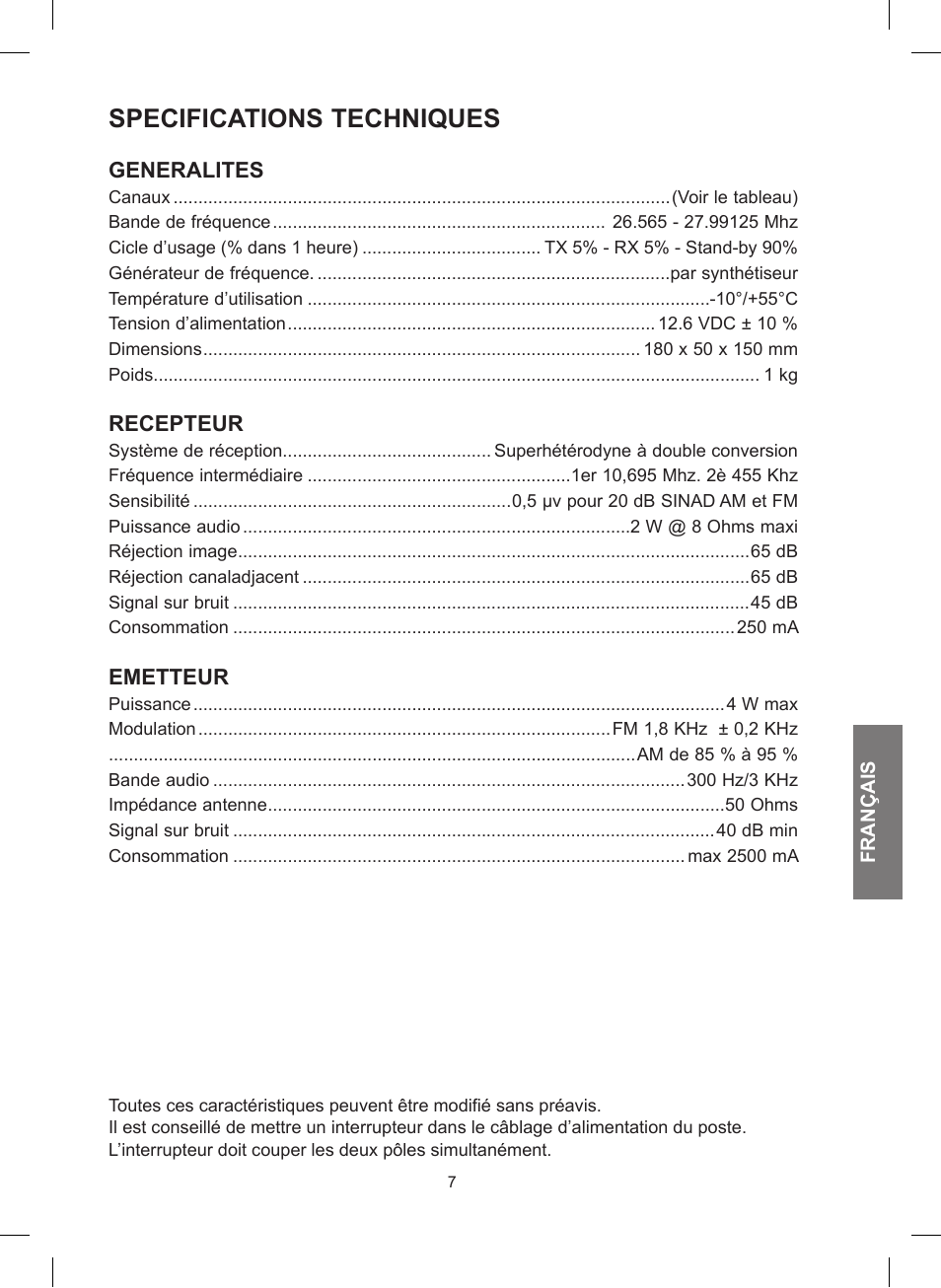 Specifications techniques | MIDLAND 248 User Manual | Page 39 / 68