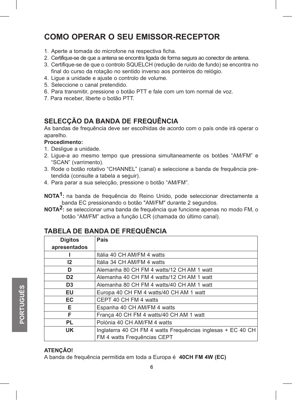 Como operar o seu emissor-receptor, Selecção da banda de frequência, Tabela de banda de frequência | MIDLAND 248 User Manual | Page 46 / 68