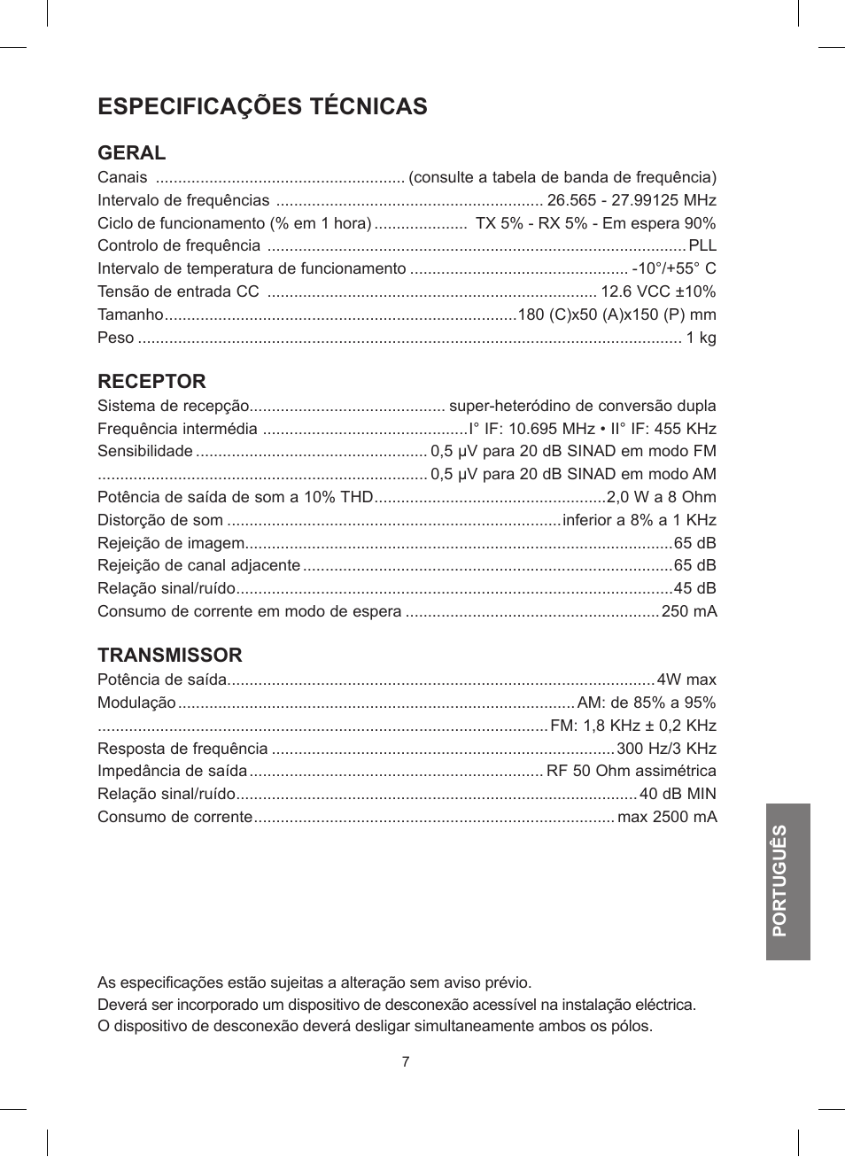 Especificações técnicas | MIDLAND 248 User Manual | Page 47 / 68