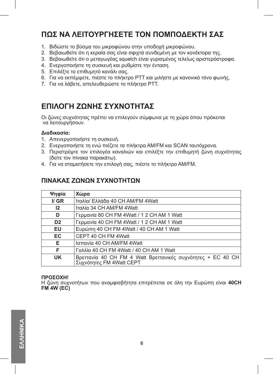 Πωσ νά λειτουργησετε τον πομποδεκτη σάσ, Επιλογη ζωνησ συχνοτητάσ, Πινάκάσ ζωνων συχνοτητων | MIDLAND 248 User Manual | Page 54 / 68