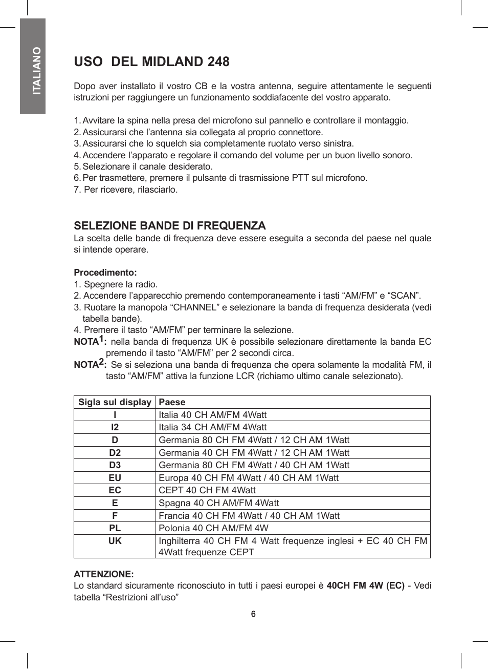 Uso del midland 248, Selezione bande di frequenza | MIDLAND 248 User Manual | Page 6 / 68