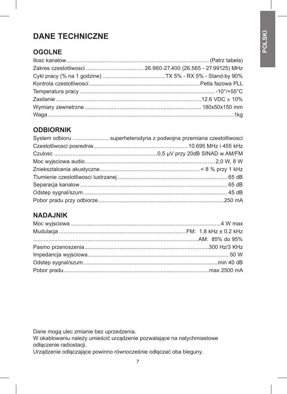 Dane techniczne | MIDLAND 248 User Manual | Page 63 / 68