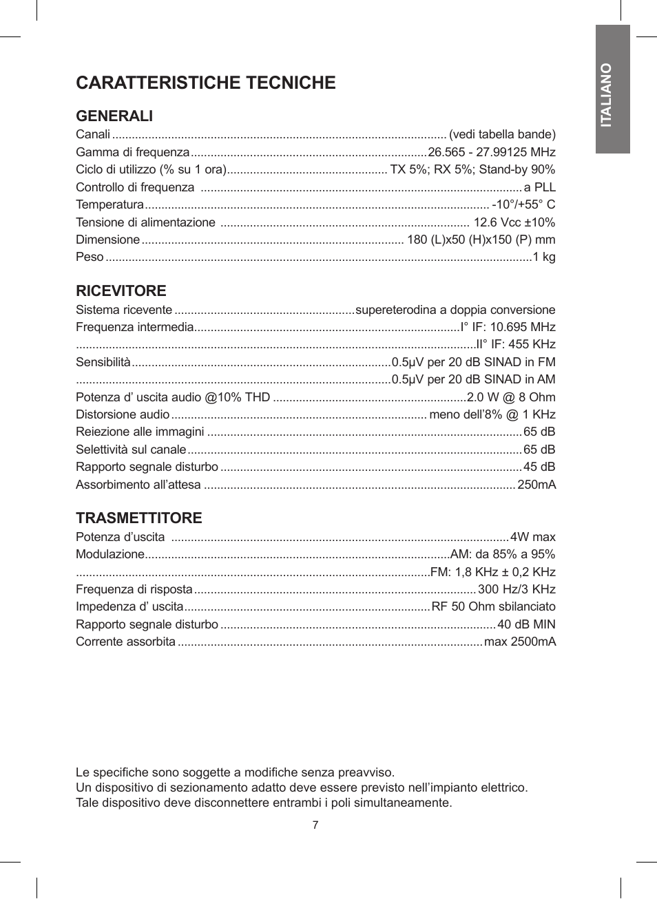 Caratteristiche tecniche | MIDLAND 248 User Manual | Page 7 / 68