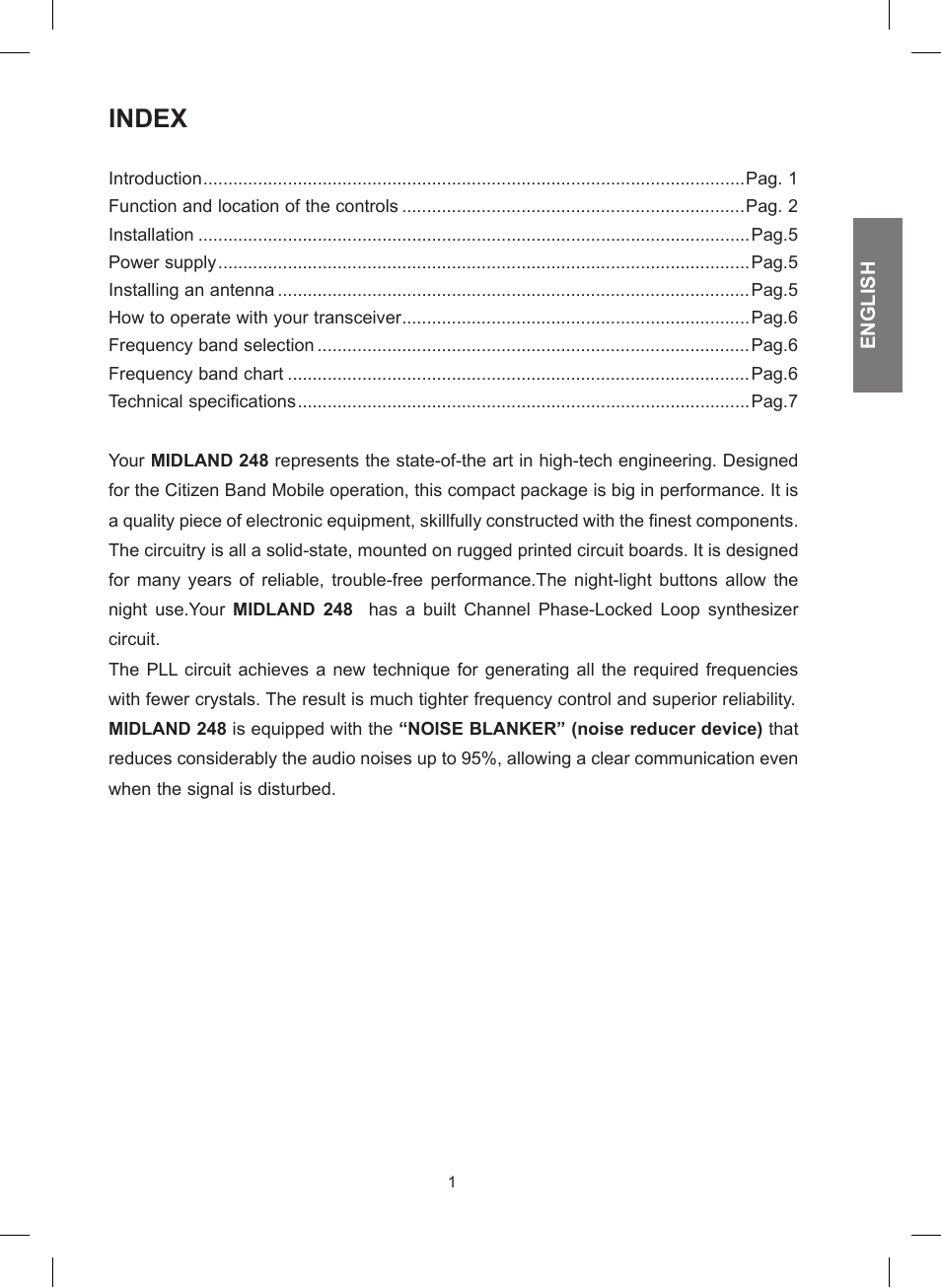 Index | MIDLAND 248 User Manual | Page 9 / 68