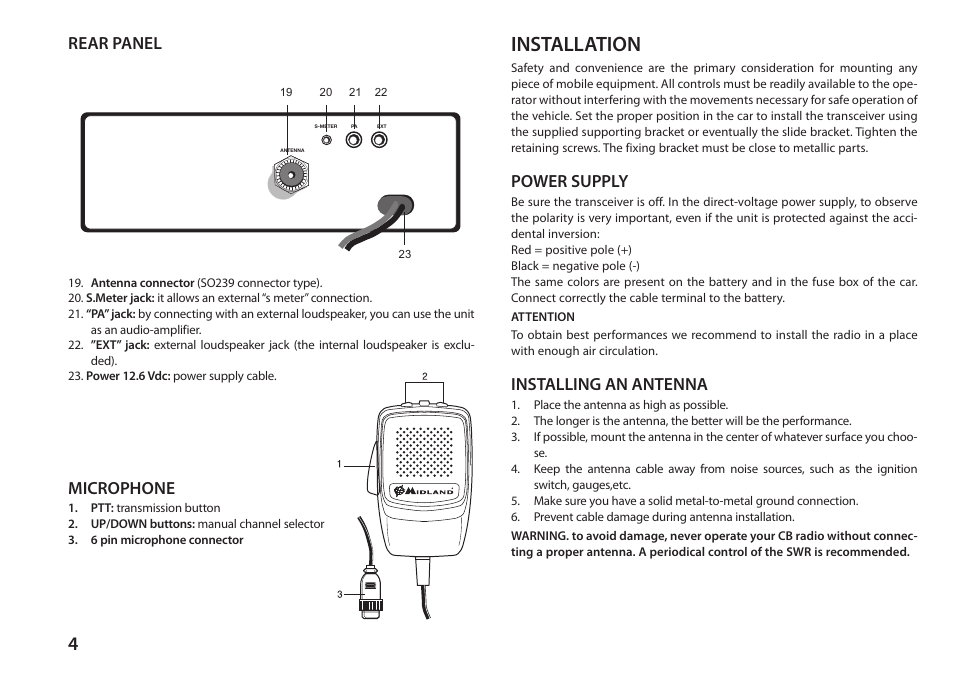 Installation, Rear panel, Microphone | Power supply, Installing an antenna | MIDLAND 248XL User Manual | Page 12 / 56
