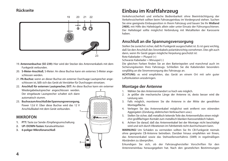 Einbau im kraftfahrzeug, Rückseite, Mikrofon | Anschluß an die spannungsversorgung, Montage der antenne | MIDLAND 248XL User Manual | Page 18 / 56