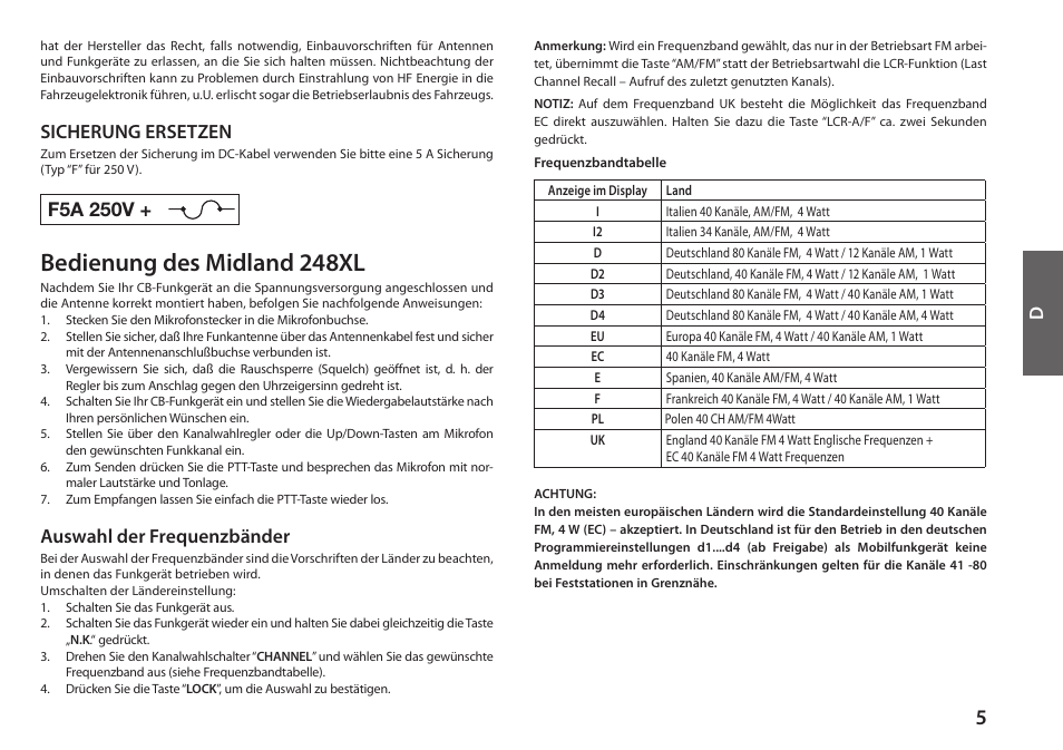 Bedienung des midland 248xl, Sicherung ersetzen, F5a 250v | Auswahl der frequenzbänder | MIDLAND 248XL User Manual | Page 19 / 56