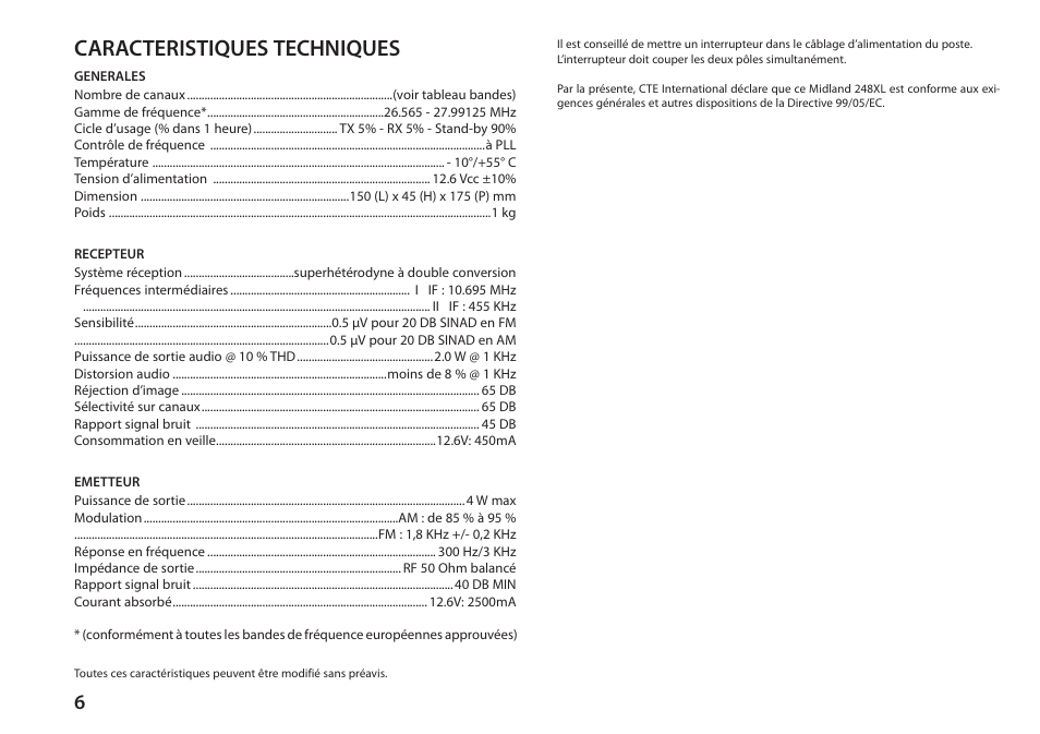 Caracteristiques techniques | MIDLAND 248XL User Manual | Page 32 / 56