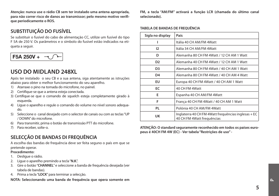 Uso do midland 248xl, Substituição do fusível, F5a 250v | Selecção de bandas di frequência | MIDLAND 248XL User Manual | Page 37 / 56