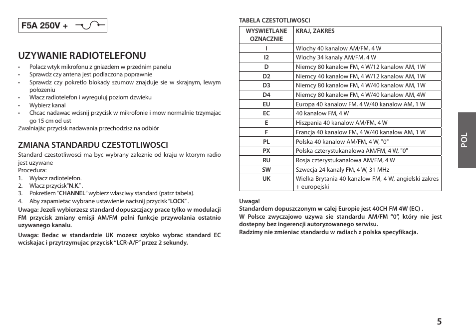 Uzywanie radiotelefonu, Pol f5a 250v, Zmiana standardu czestotliwosci | MIDLAND 248XL User Manual | Page 49 / 56