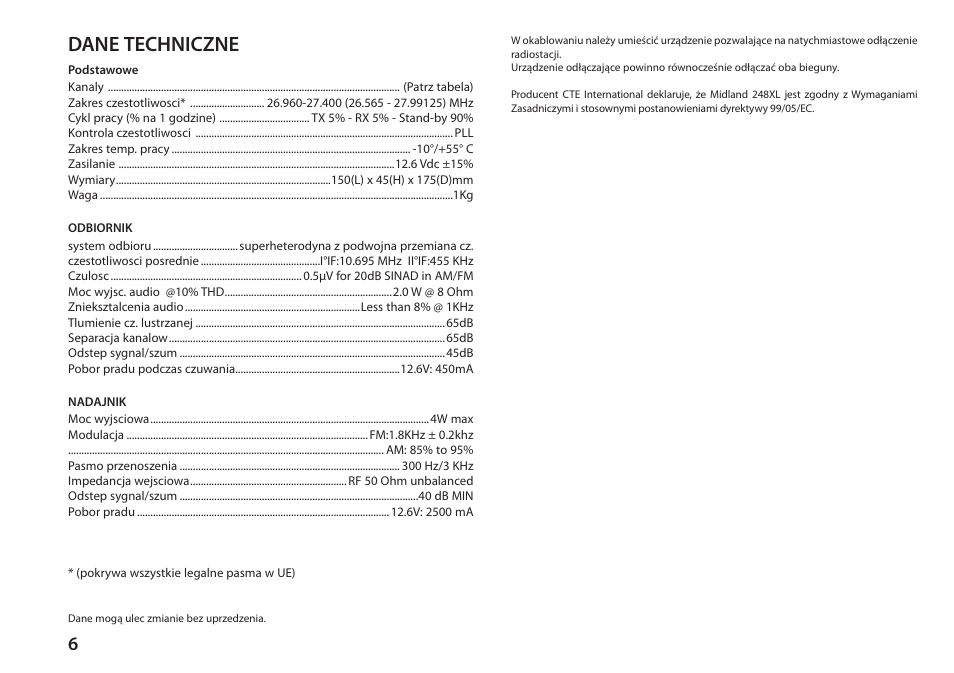 Dane techniczne | MIDLAND 248XL User Manual | Page 50 / 56