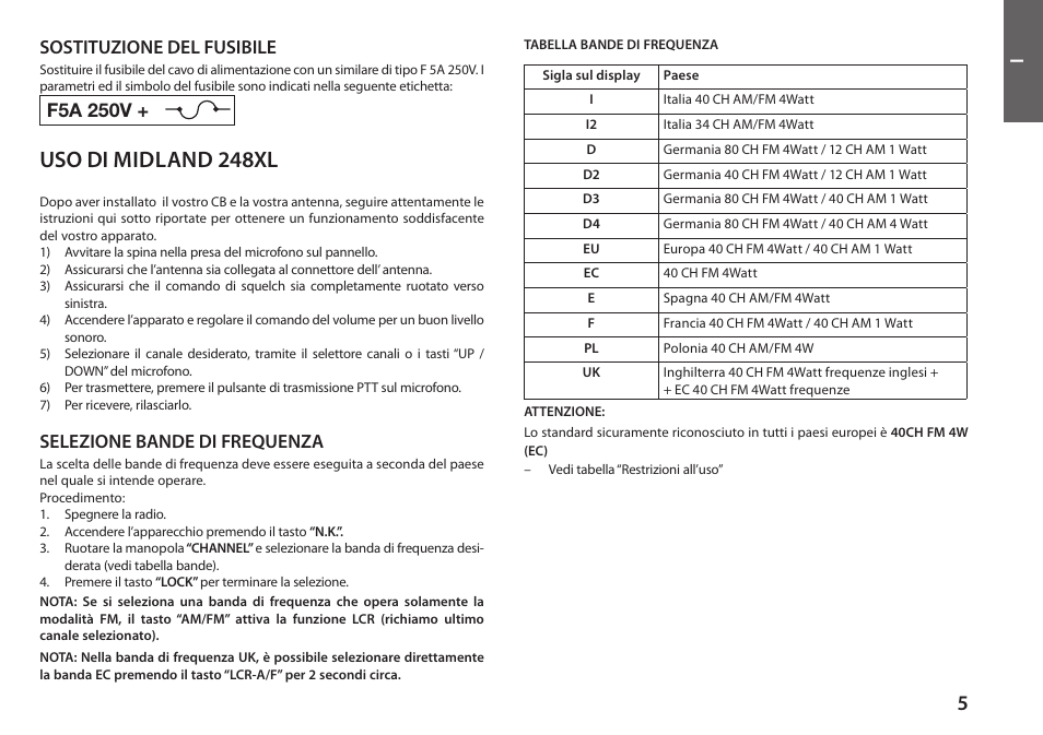 Uso di midland 248xl, Sostituzione del fusibile, F5a 250v | Selezione bande di frequenza | MIDLAND 248XL User Manual | Page 7 / 56