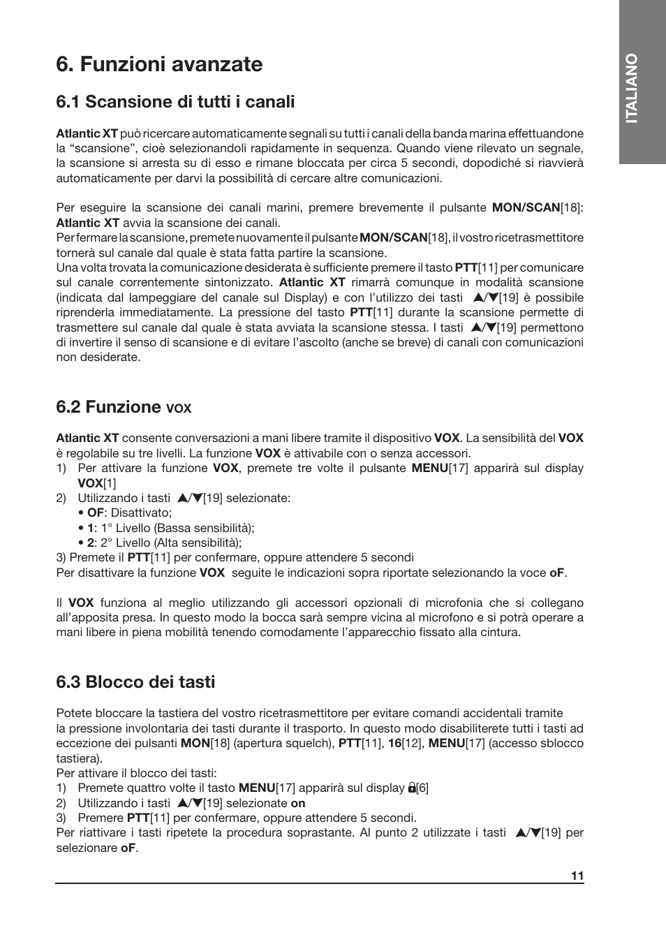 Funzioni avanzate, 1 scansione di tutti i canali, 2 funzione | 3 blocco dei tasti | MIDLAND Atlantic XT User Manual | Page 11 / 110