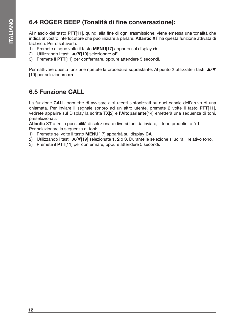 4 roger beep (tonalità di fine conversazione), 5 funzione call | MIDLAND Atlantic XT User Manual | Page 12 / 110