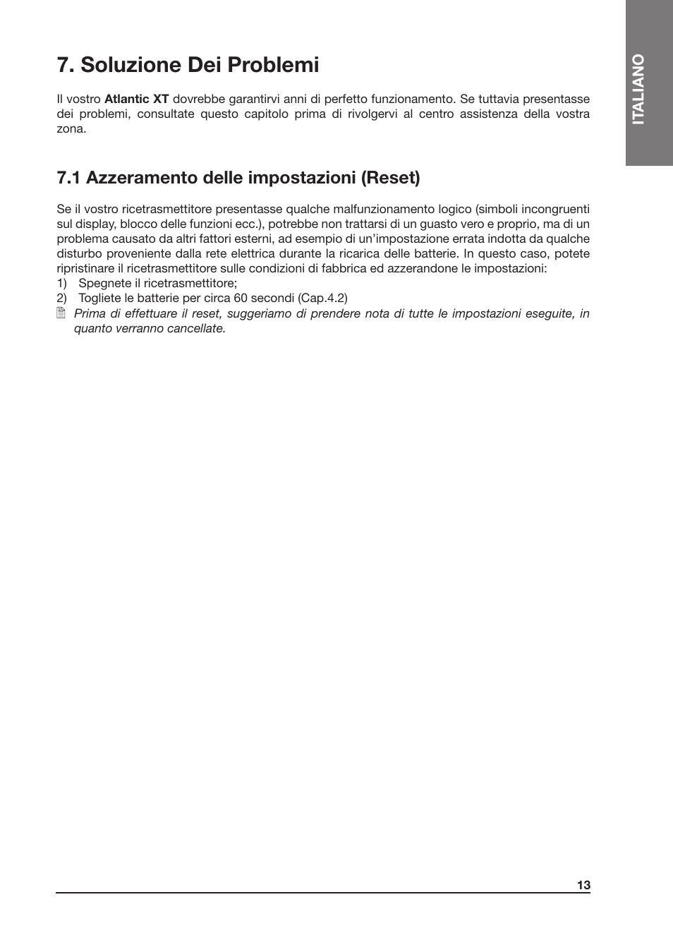 Soluzione dei problemi, 1 azzeramento delle impostazioni (reset) | MIDLAND Atlantic XT User Manual | Page 13 / 110
