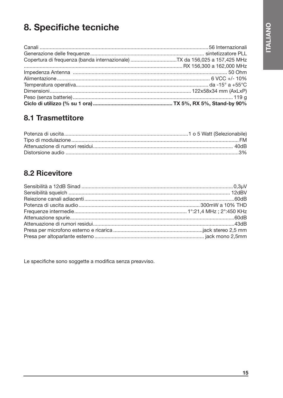 Specifiche tecniche, 1 trasmettitore, 2 ricevitore | MIDLAND Atlantic XT User Manual | Page 15 / 110
