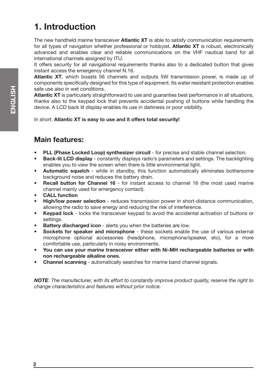 Introduction, Main features | MIDLAND Atlantic XT User Manual | Page 18 / 110